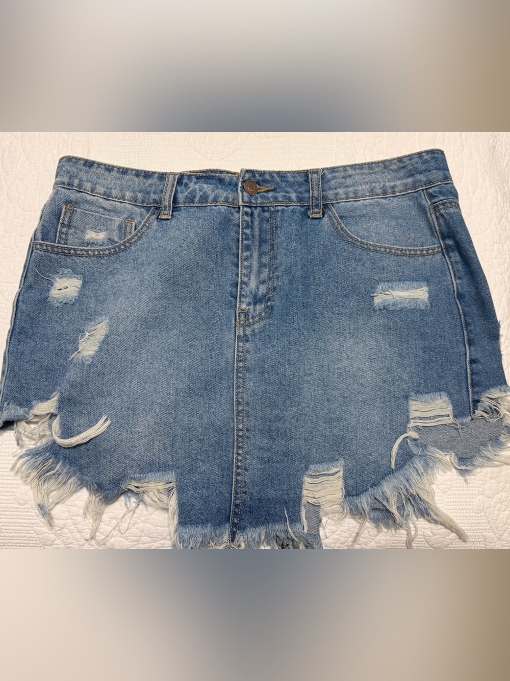 Frayed Light Blue Distressed Denim Mini Skirt